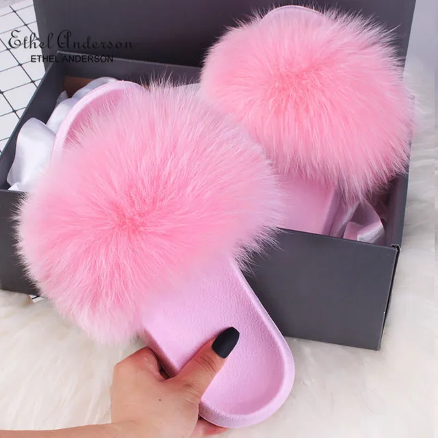 2021 Hot Sale Women Real Fox Fur Slippers Multi-color Summer Fashion Slides Casual Female Furry Shoes As picture