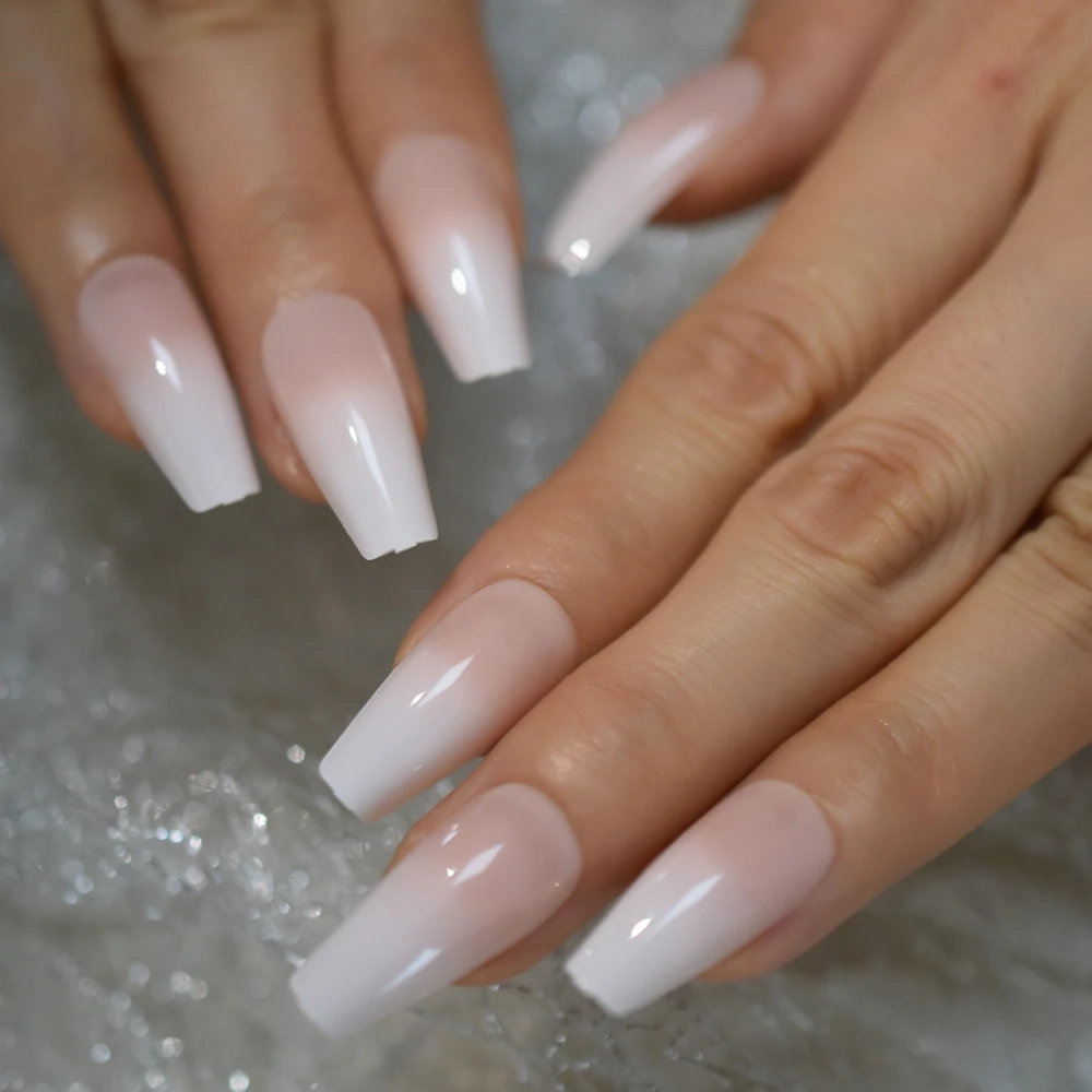 picture Long Natural Color Acrylic Nails long ombre french ballerina fake nail nude color white faux ongles gradeint natural coffin false nails 24pcs