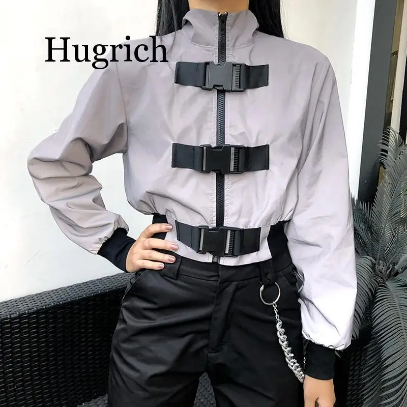 

2020 Hip Hop Reflective Crop Jacket Streetwear Buckle Patchwork Winter Jackets Women Zipper Up Long Sleeve Short Coats