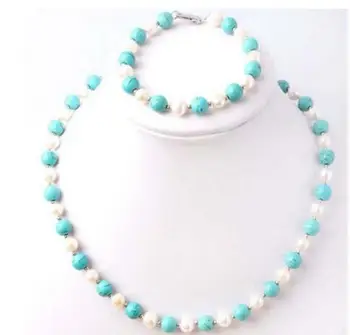 

Fashion jewelry Beautiful 7-8mm White Freshwater Pearl & turquoise Necklace Bracelet Jewel Set