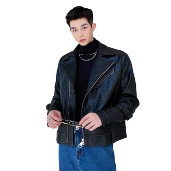 

New Male Streetwear Hip Hop Punk Rock PU Leather Coat Outerwear Men Short Style Fake Leather Motorcycle Jacket