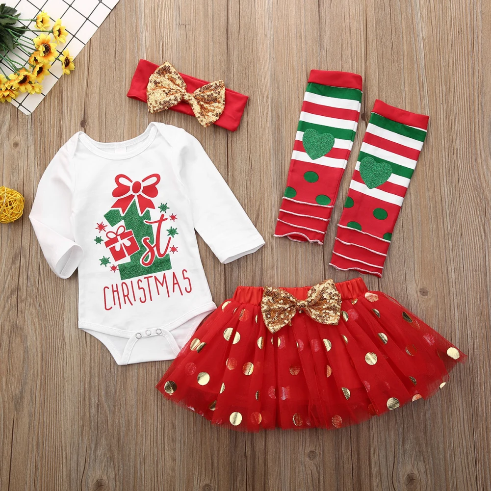 Emmaaby My 1st Рождество новорожденный девочка комбинезон платье гетры Рождественский комплект одежды