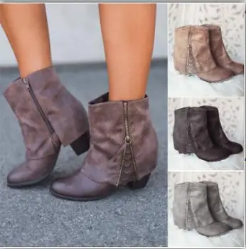 

Buckle Sewing Solid Vintage Boots For Women Round Toe High Casual Zip Autumn Winter Boots Square Heel Ankle Shoes