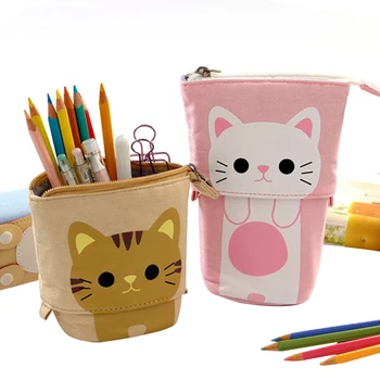 

2020 Cute Stand up Pencil Holder Telescopic Pencil Pouch Standing Pen Storage Box Canvas Stationery Organizer Makeup Bag Zipper