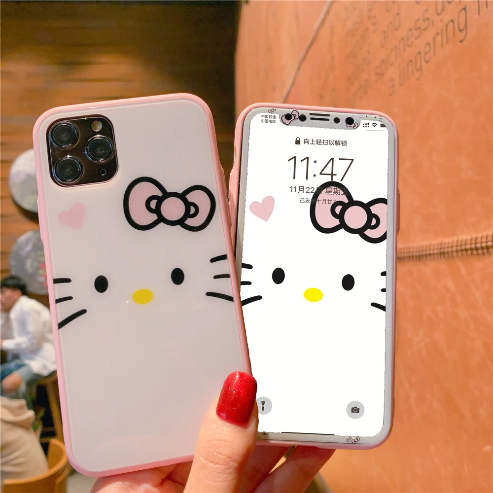 Закаленное стекло Hello kitty из двух частей чехол для телефона для iphone 11 Pro Max 6 6splus 7 8 plus X XR XS MAX аниме закаленное покрытие