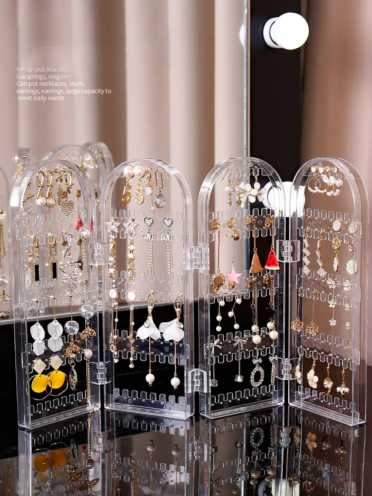 Jewelry Organizer Folding Transparent 240 Holes Stud Earring Holder 4 Panels Jewelry Display Rack For Necklace/Dangle Ear Rings