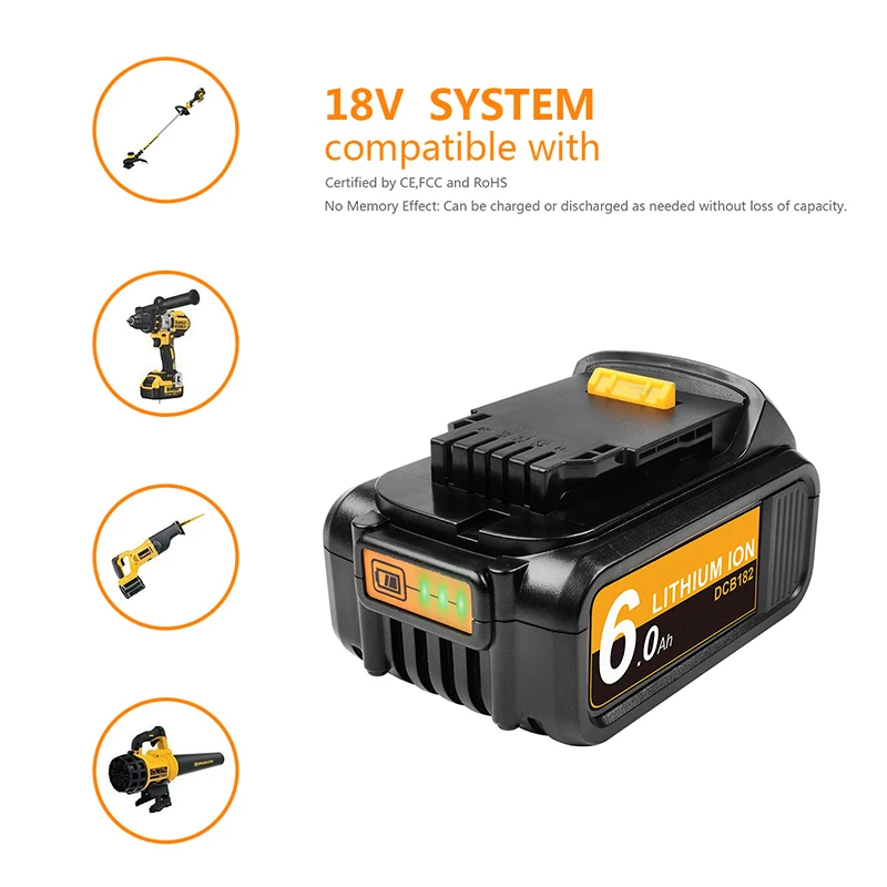 Сменный литий ионный аккумулятор DCB182 18/20 в 6 0 Ач для инструментов Dewalt Max DCB205 DCB206