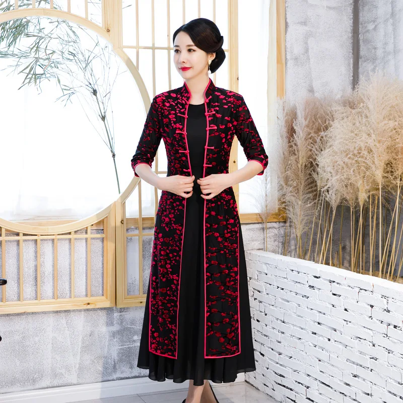 2 Высокое качество Национальный Стиль Twinset дамское вьетнамское платье Ao Dai велюровое длинное Чонсам Повседневное платье вечерние платья размера плюс M-4XL - Цвет: 2