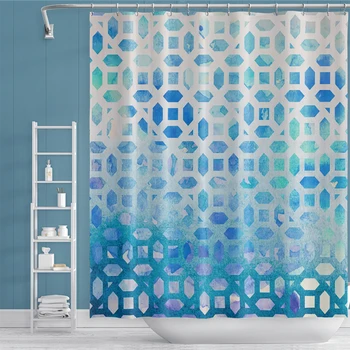 

Cassisy Waterproof Shower Curtain Blue Color Geometry Printed Bath Curtain For Bathroom Polyester Mildew Proof With Set Hooks