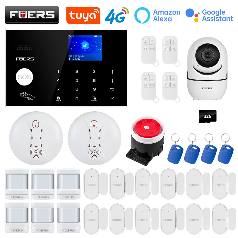 FUERS-sistema de alarma de seguridad para el hogar, conjunto de alarma inalámbrica con WIFI, 4G, GMS, Tuya, Cámara de Control, sirena, Detector de movimiento, PIR, humo