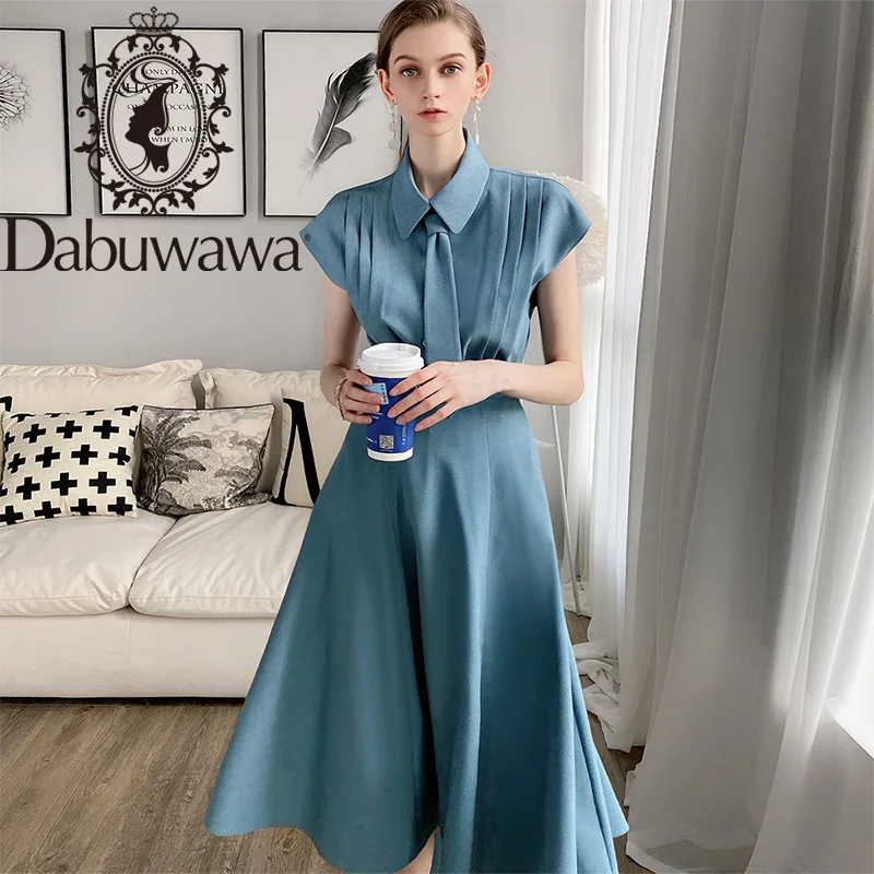 Dabuwawa Blue Tie Pleated Shirt Top Long A-Line Skirt Set Women Short Sleeve Elegant Two Pieces Sets Office Lady DT1BSA008 Dabuwawa Blue Tie Pleated Shirt Top Long A-Line Skirt Set Women Short Sleeve Elegant Two Pieces Sets Office Lady DT1BSA008