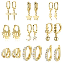 925 Sterling Silver Earrings Gold Color cross Moon Star CZ Zircon Small Circle Huggie Hoop Earrings For Women Fine jewelry