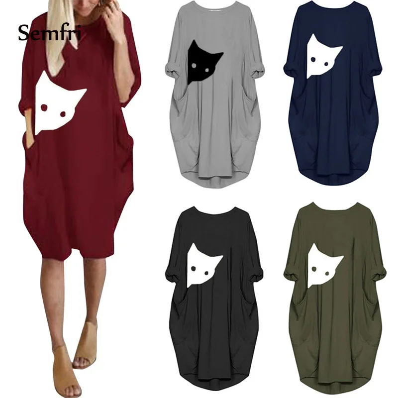 

Semfri Summer Cat Print Dress Women Casual Short Sleeve Shirt Dresses Robe Vintage Boho Style Beach Dress 2019 Vestidos De