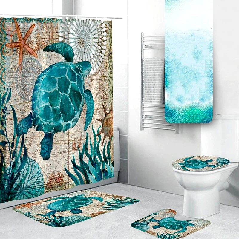 Sea turtle 3D цифровая печать, полностью полиэстер, водонепроницаемая занавеска, подушка для унитаза, для ванной комнаты, комплект из трех предметов+ занавеска для душа - Цвет: Sea turtle