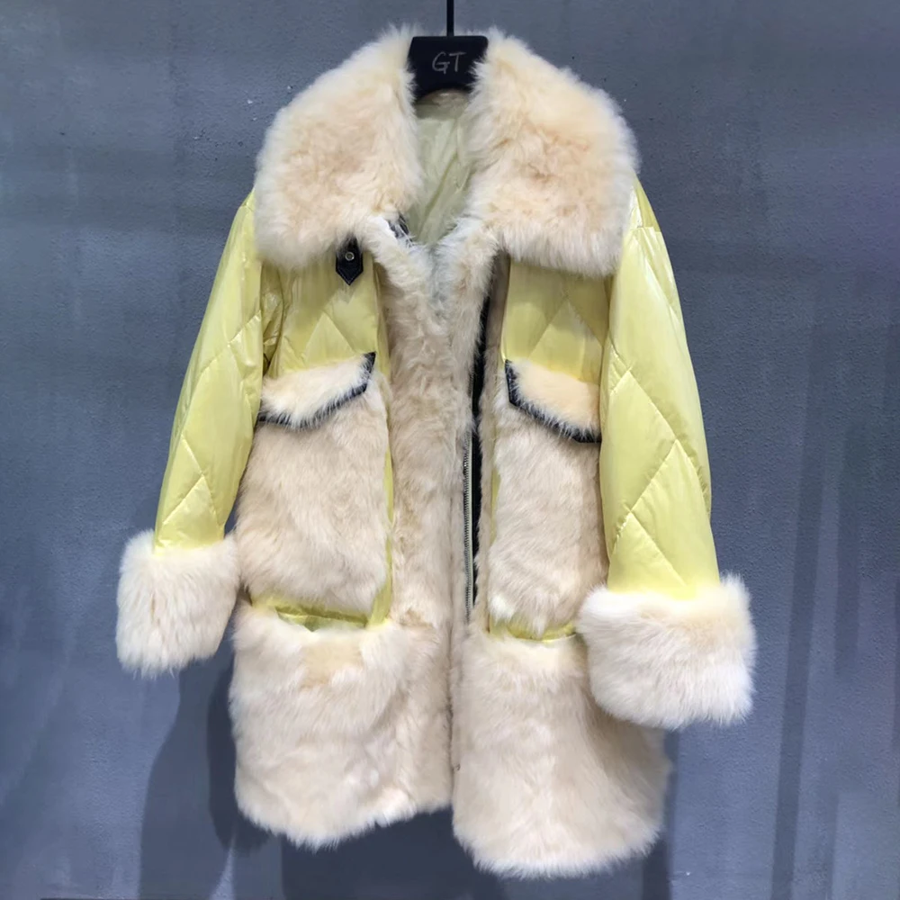 Yellow Зимнее женское пальто с натуральным мехом, пальто размера плюс, парка из настоящего овечьего меха тосканы и пуховики, длинное пальто, Роскошная Одежда - Цвет: Yellow