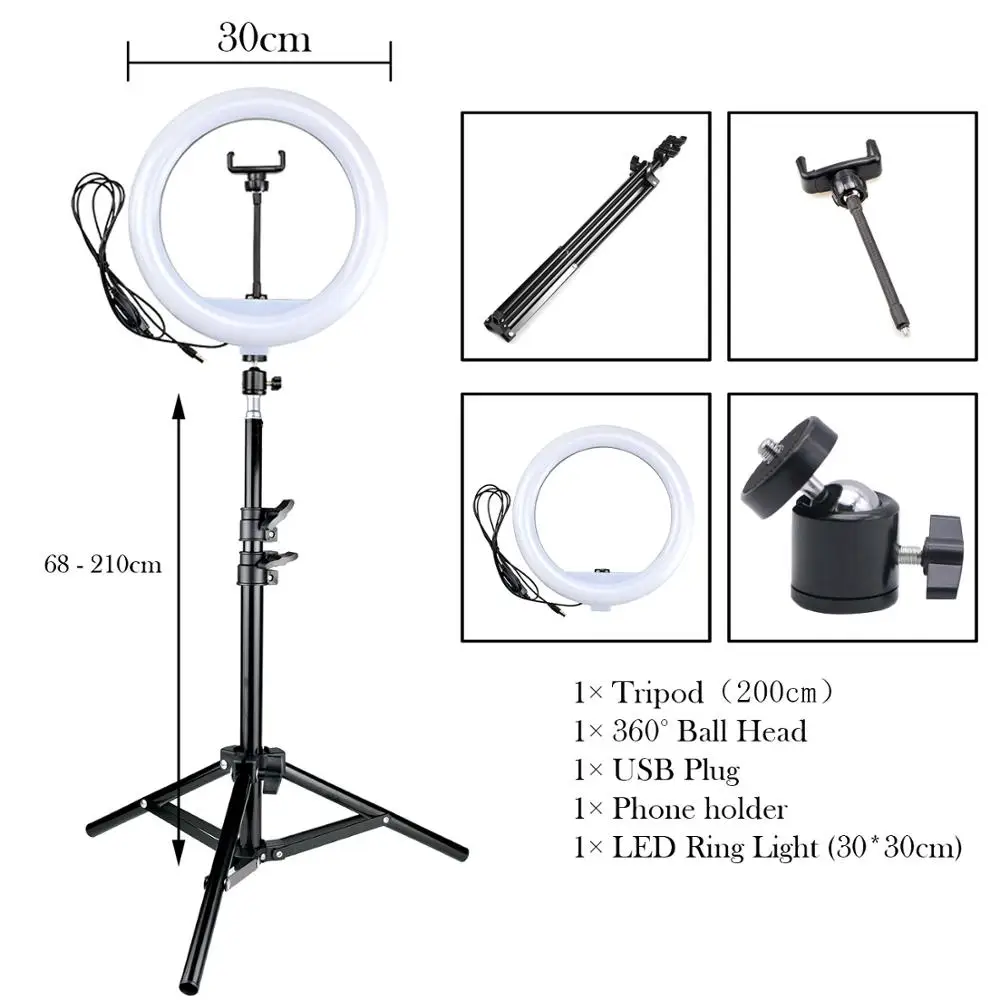30cm 200cm tripod 1" 30 см светодиодный кольцевой светильник для селфи с регулируемой яркостью, лампа для камеры и телефона с штативом для Youtube Live Makeup Studio - Цвет: 30cm 200cm tripod
