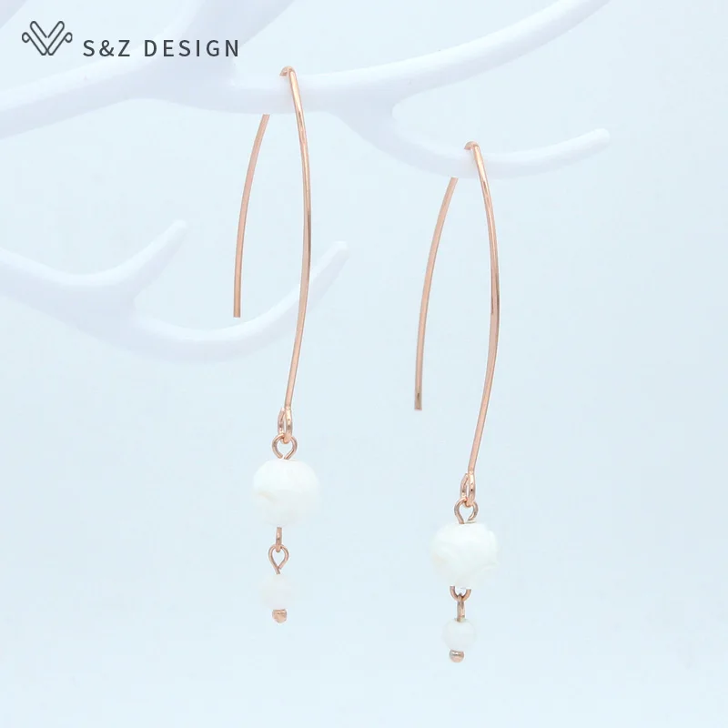 S&Z DESIGN Long Round Natural White Shell Beads Dangle Earrings 585 Rose Gold Color Fine Eardrop For Women Girl Wedding Jewelry