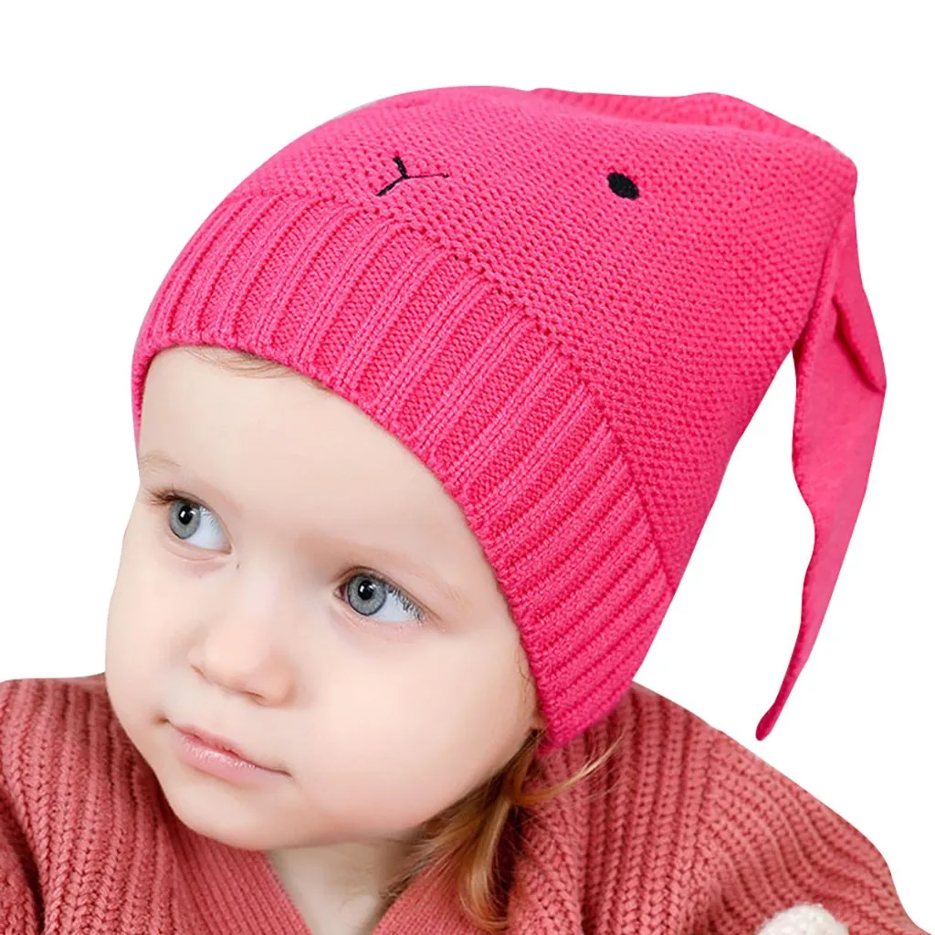 Hot Pink Вязанная детская шапка, зимняя детская шапка с заячьими ушками, зимняя теплая шапка для новорожденных, реквизит для фотосессии, детские шапки для новорожденных, детская шапка - Цвет: Hot Pink