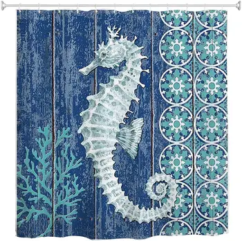 

Seahorse Watercolor Teal Sea Horse Ocean Animal Rustic Wooden Board Blue Shower Curtain