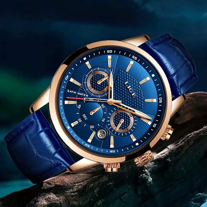 LIGE новые мужские часы Топ бренд синий кожаный Хронограф водонепроницаемые спортивные автоматические кварцевые часы для мужчин s Relogio Masculino