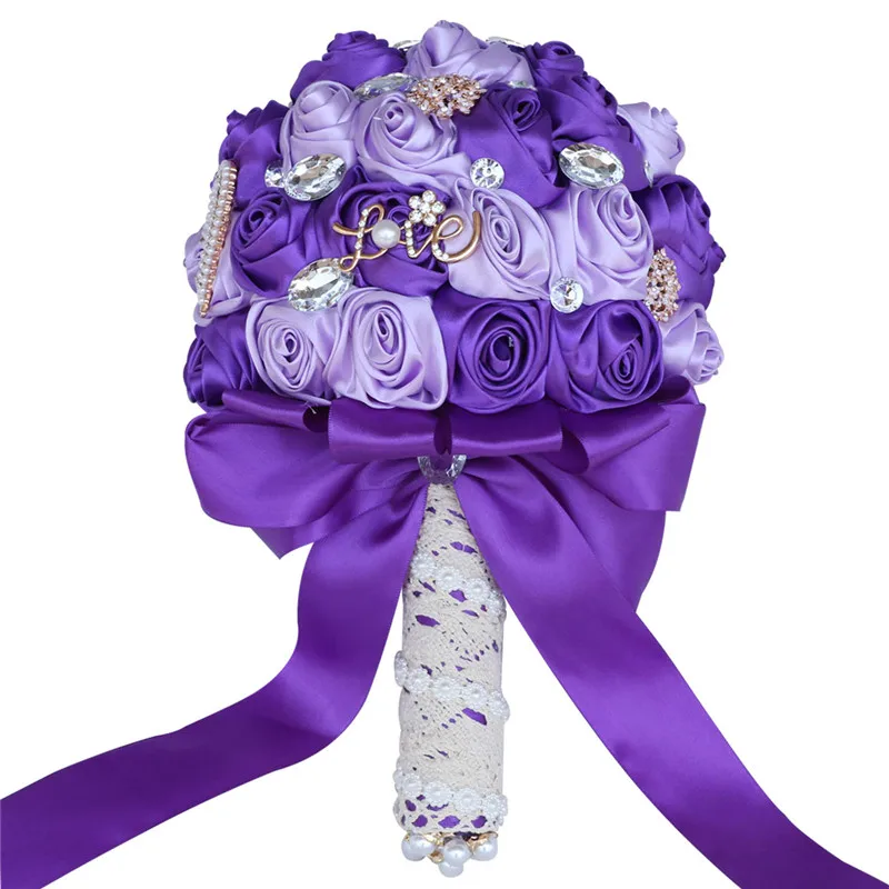 Purple Bride Bridesmaid Holding Bouquet DIY Pearl Rhinestone Satin Rose Bouquet Wedding Church Decoration ZS015