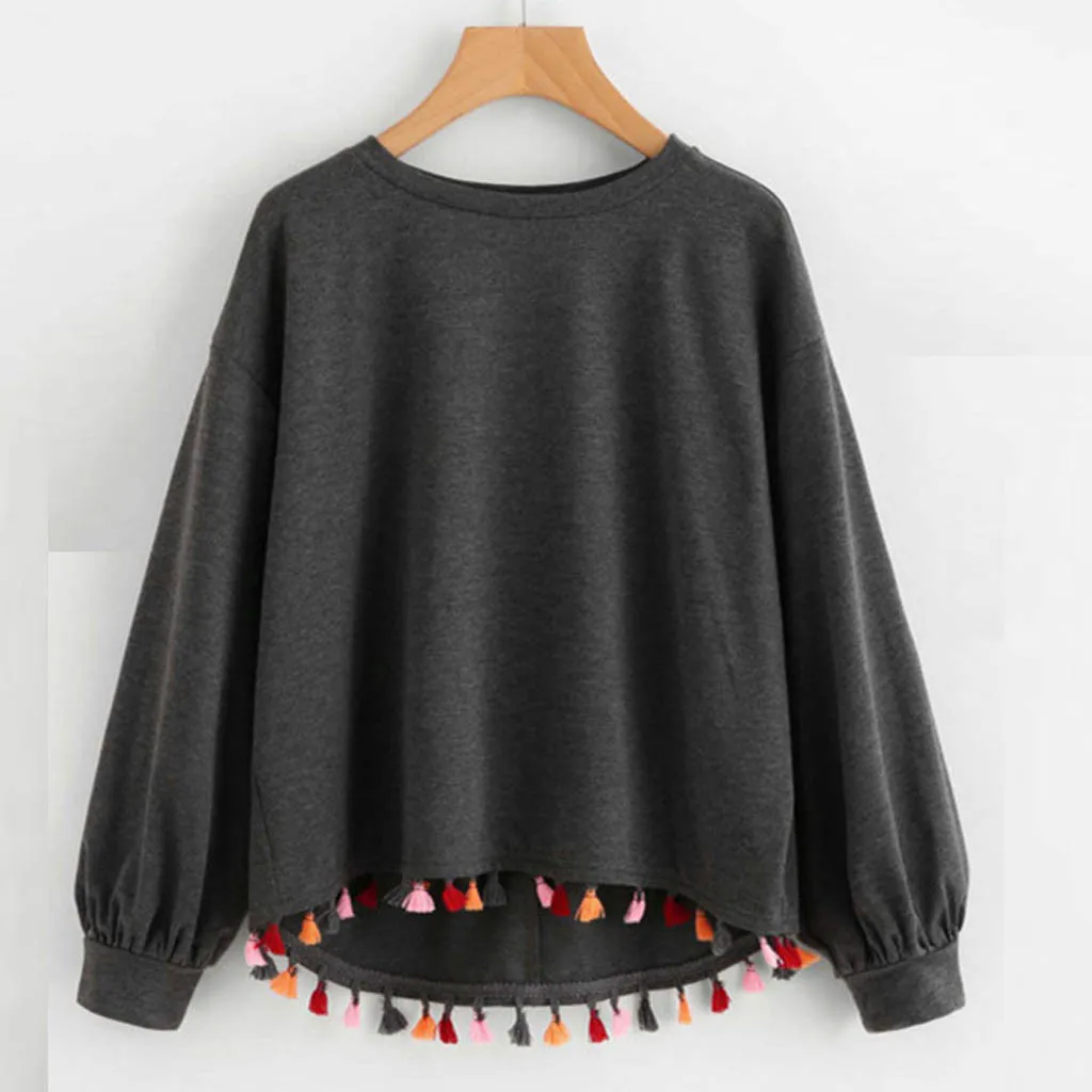 

Women Colorful Tassel Casual Pullover O-Neck Drop-Shoulder Thin Hoodies Ladies Autumn Long Sleeve Loose Sweatshirts