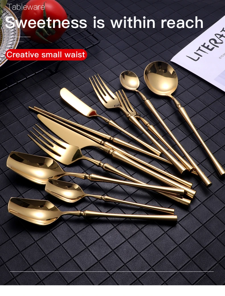 Description Picture 2 of itemBright Gold 18/10 Stainless Steel Luxury Cutlery Dinnerware Tableware Knife Spoon Fork Chopsticks Flatware Set Dishwasher Safe
