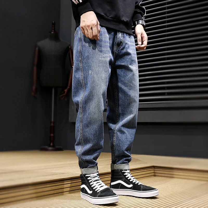 

Japanese Style Fashion Men Jeans Retro Blue Loose Fit Denim Harem Pants Homme High Quality Streetwear Vintage Designer Jeans Men