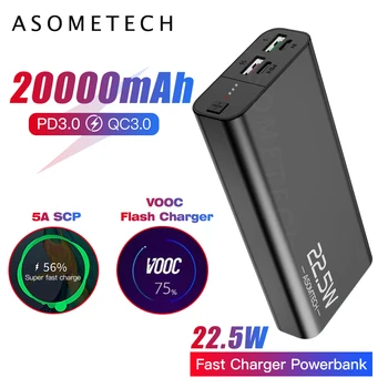 

20000mAh Power Bank 22.5W Super Fast Charger Powerbank PD QC3.0 LED Display Qucik Chager External Battery For Xiao Huawei iPhone