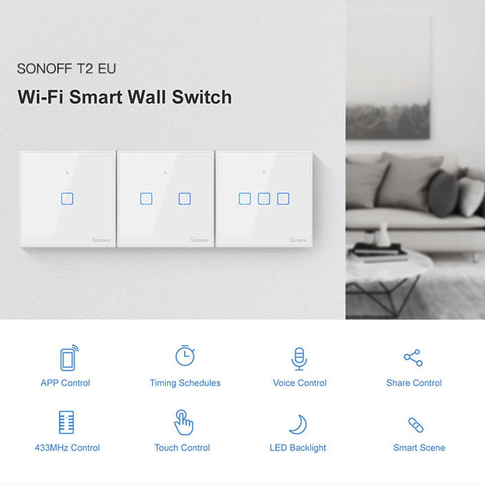 

SONOFF T2 TX Smart Switch EU Wifi Wall Touched Switch With Border Home 1/2/3 Gang 433 Remote RF/Voice/APP/Touching Control