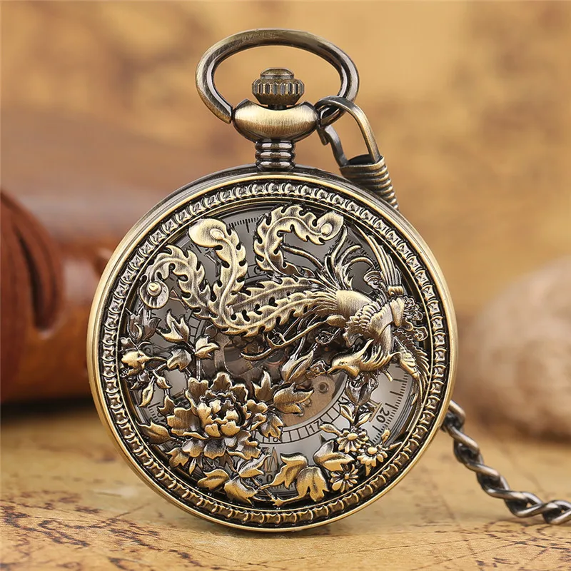 Retro Hollow Out Phoenix Pocket Watch Men Women Automatic Mechanical Watches Copper Skeleton Clock with FOB Pendant Chain Gift