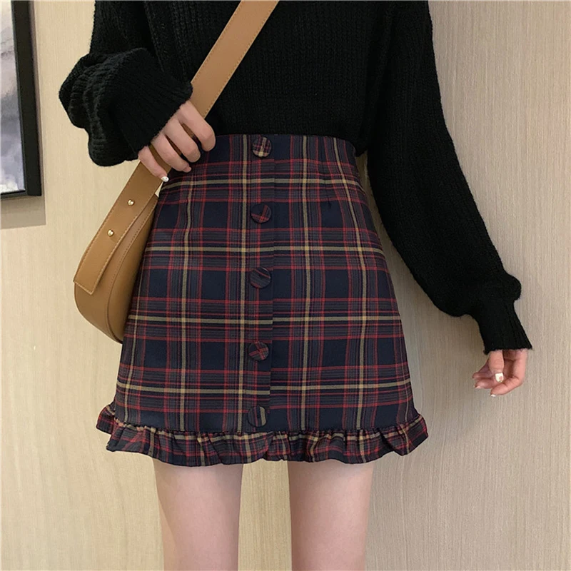 

cute ruffled hem mini plaid skirt woman spring fall high a line waisted checkered school short skirt miniskirt teen girls C199
