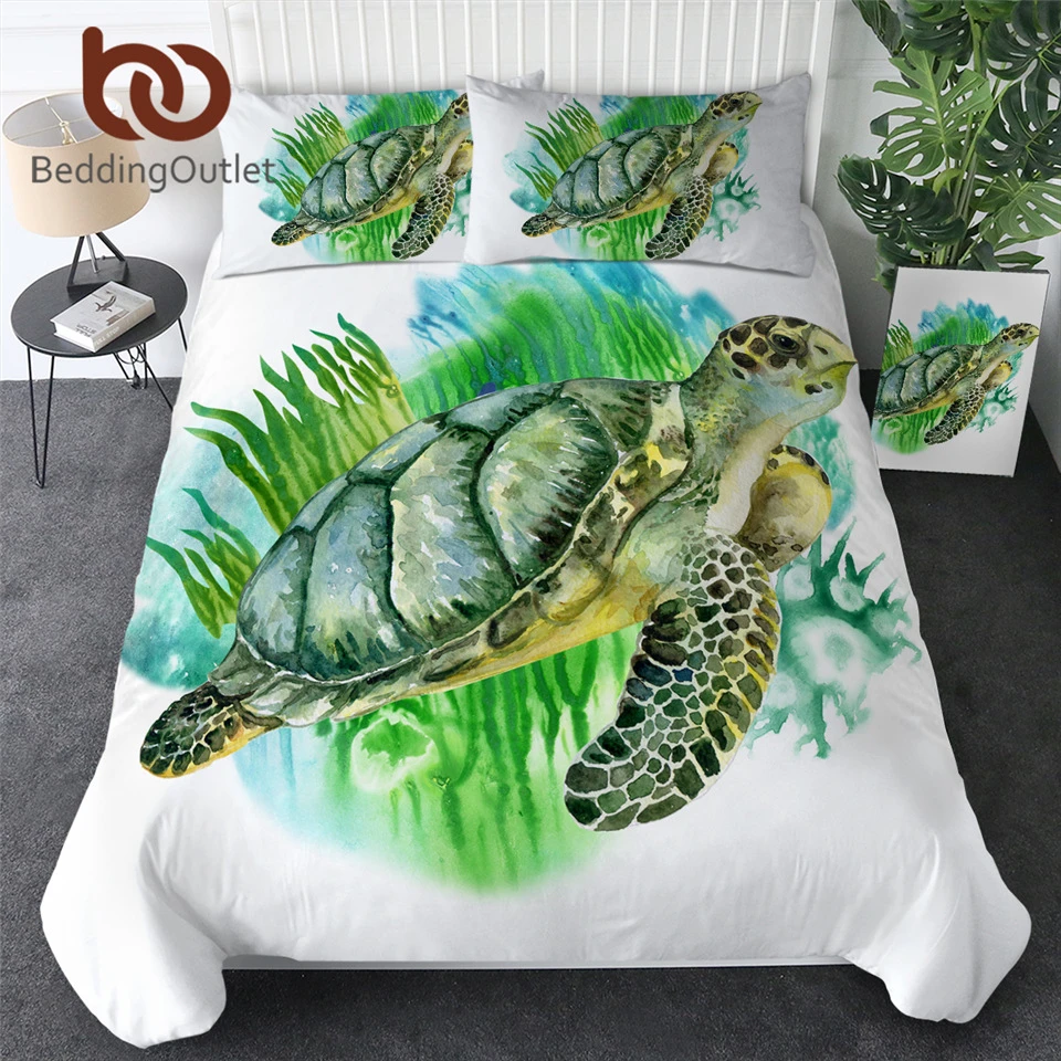 Beddingoutlet Parure De Lit A Motif Tortue Housse De Couette Animaux Marins Textile De Maison Dessin Anime Vert Et Blanc 3 Pieces Aliexpress