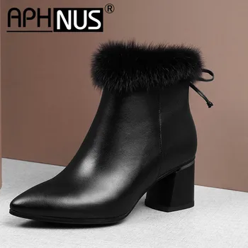 

APHNUS Womens Boots Fur Short Ankle Booties Mid High Heels Pumps Woman 2020 Shoes For Women New Boot