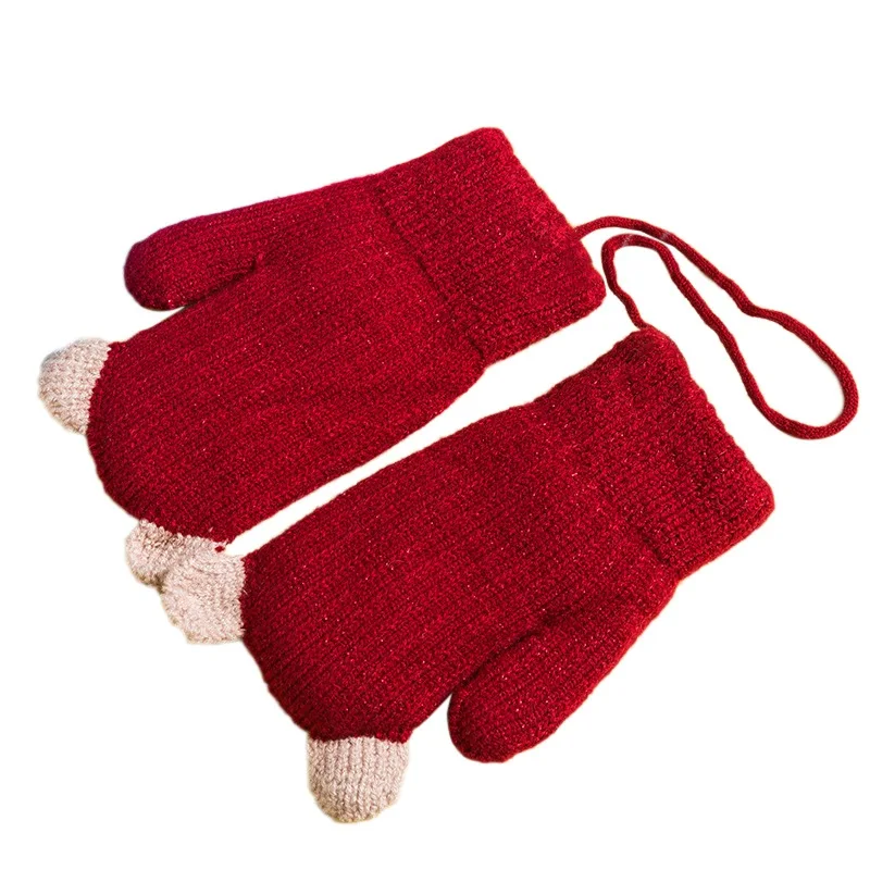 6 цветов, зимние детские теплые перчатки с милым рисунком медведя, флисовые детские вязаные перчатки для мальчиков и девочек на осень и зиму - Цвет: R