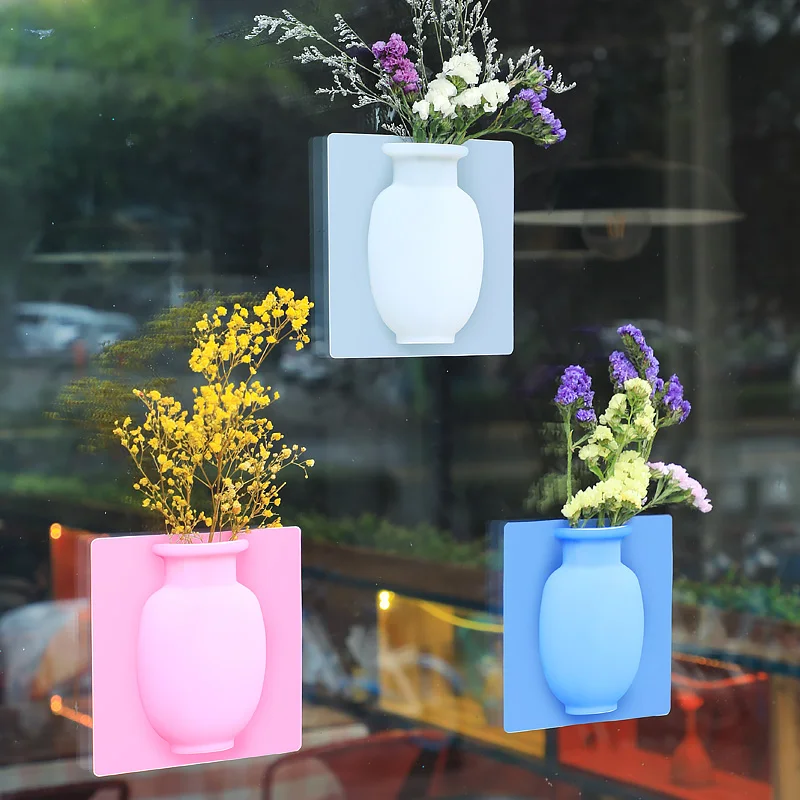 Vase Silicone Sticky Vase Hanging Plant Flower Container for Home Offices Wall Decorations White
