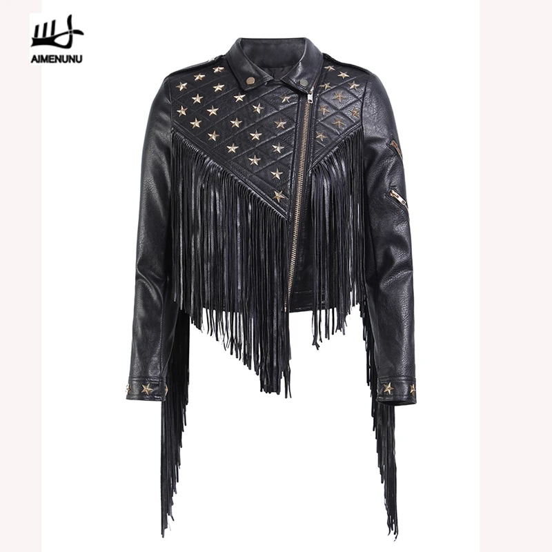 AIMENUNU Patchwork Tassel Rivet PU Leather Women's Coats Lapel Collar Long Sleeve Asymmetrical Jackets Female Clothing