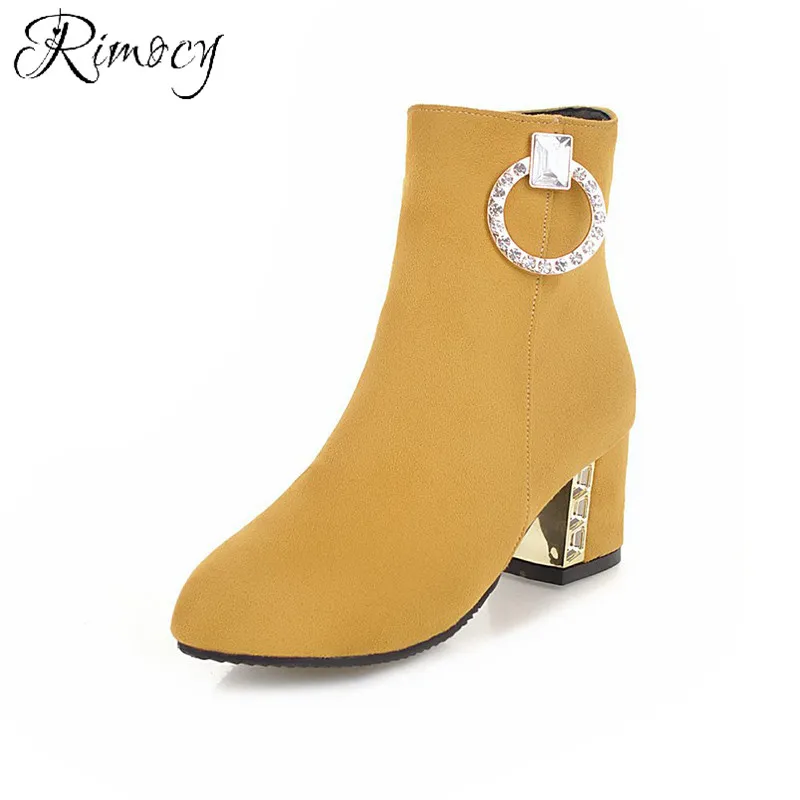Rimocy/женская желтая обувь; женские короткие ботиночки с кристаллами и пряжкой; женские ботильоны для женщин; замшевые ботинки; botines mujer; сезон весна - Цвет: Цвет: желтый
