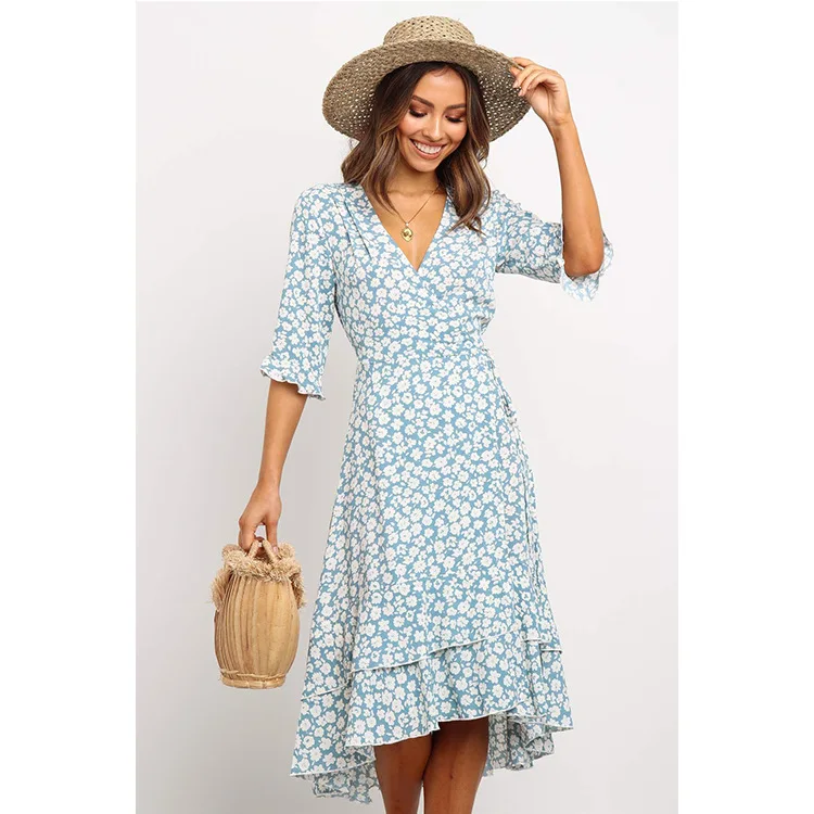 

Women's New Autumn Long Dress Half Sleeve V-neck Floral Dress Boho Sweet Ruffles Dress Blue Cute Wrap Irregular Dress Vestidos