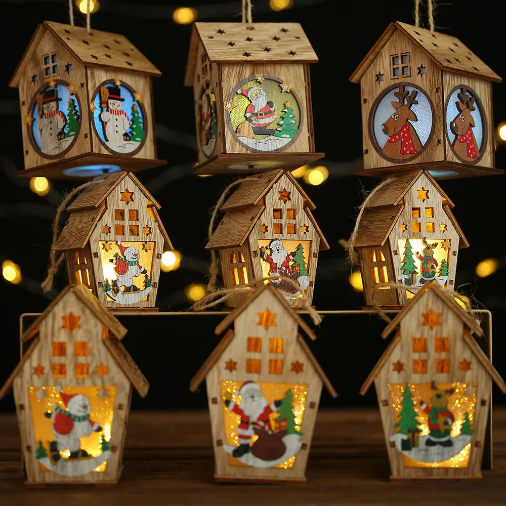 

Christmas Santa Claus Snowman Lighted Cabin Assembling House DIY Cottage Wooden Pendants Ornaments for Xmas Tree Decoration