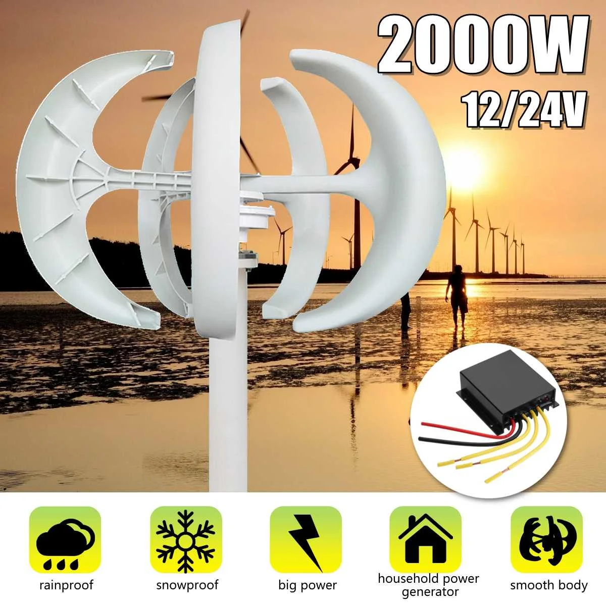 

2000W 12/24V Lantern Blade Wind Turbines Generator Vertical Kit with Charge Controller Home Use power Supply Generator