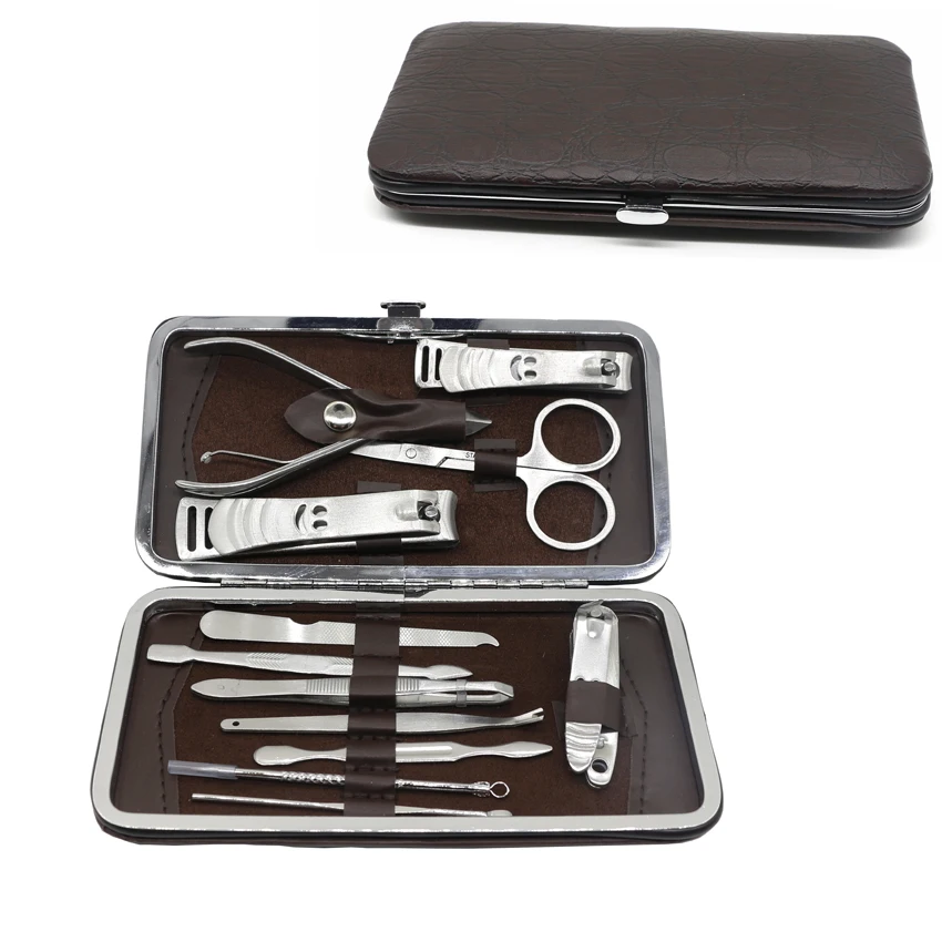 Stainless Steel Manicure Nail Knife Tools Kit Set 12 pcs/lot Pedicure Clipper Tweezers Ear pick Tools Set N-12 With PU Bag