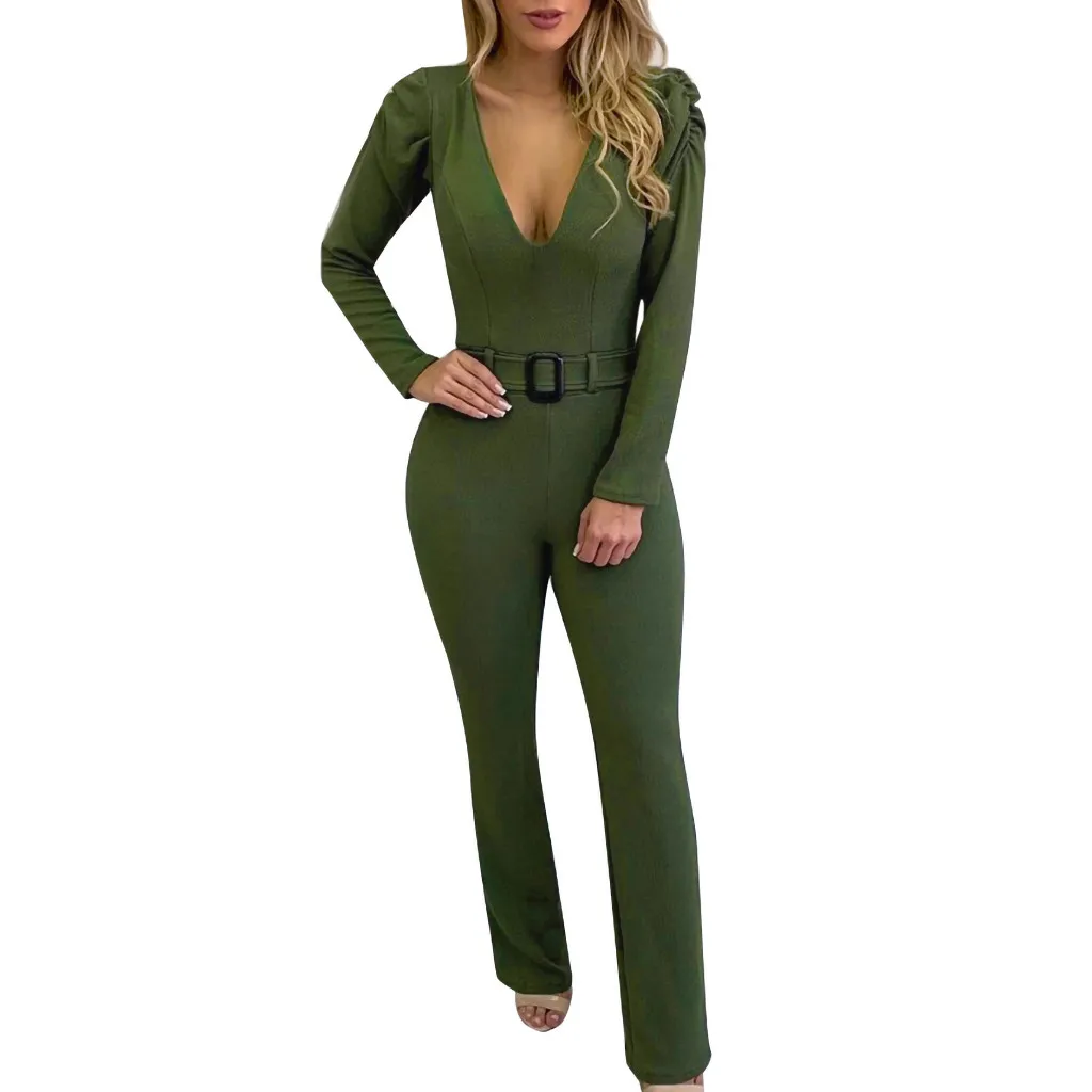 Winter Women Jumpsuits office lady Sexy V Neck Long Sleeve Solid Loose Belted Bodycon Ladies Long Rompers Slim Jumpsuit