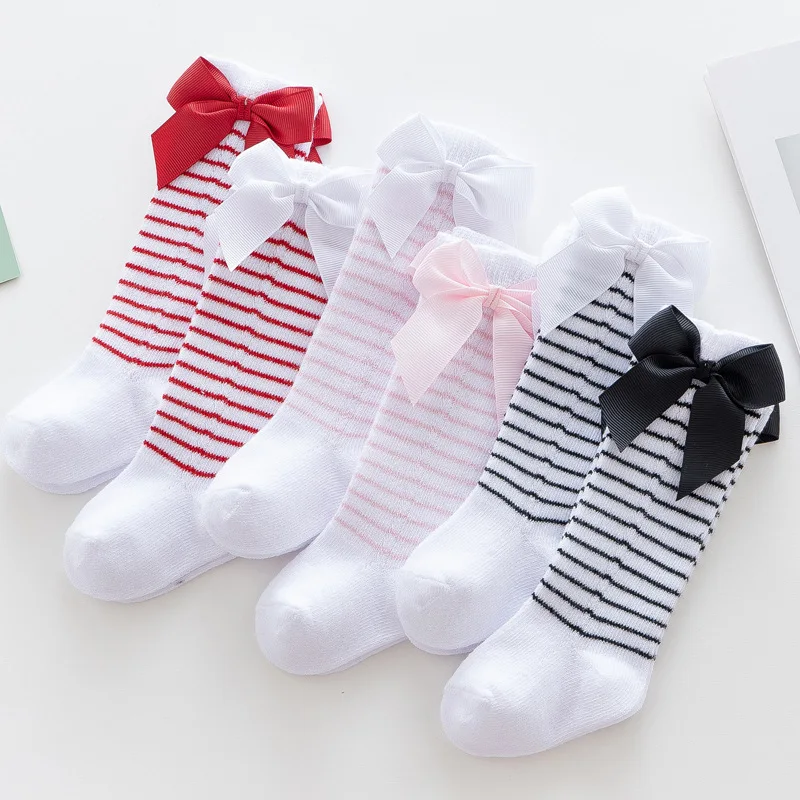 Summer Autumn Baby Girls Stripe Socks Bow Long Sock Kids Knee High Soft