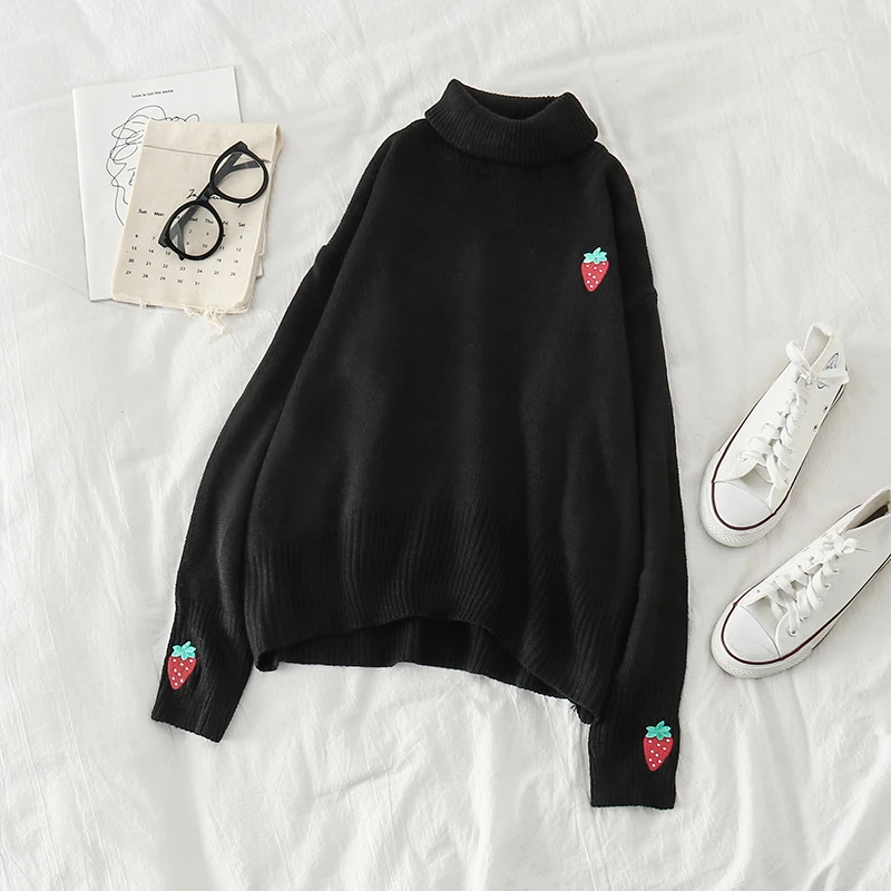 Neploe Women Sweaters New Knitted Turtleneck Strawberry Embroidery Casual Loose Autumn Winter Pullover Jumpers 56197