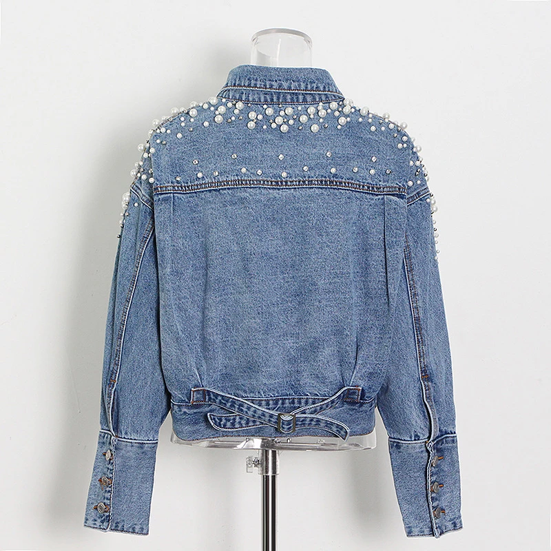 ECRURANI Blue Casual Patchwork Jacket For Women Lapel Collar Long Sleeve Pockets Button Jackets Female Fashion Clothing 2021 New