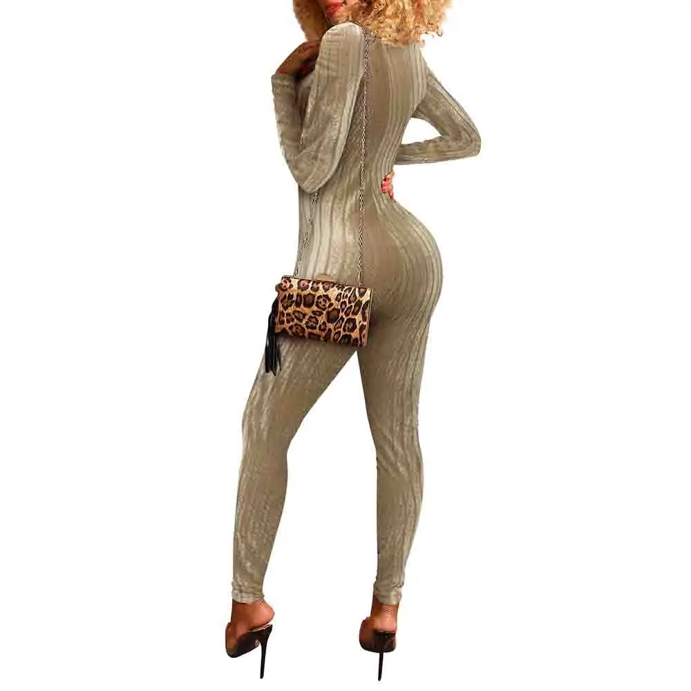 Sexy Women Night Clubwear Fitness Long Sleeve Leggings Jumpsuit Bodycon Tight High Neck Rompers Womens Jumpsuit Long Bodysuit