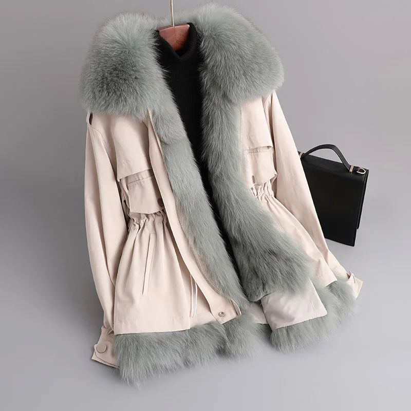 Apricot Gray Женское зимнее пальто из натурального меха кролика рекс теплая парка винтажная теплая куртка с воротником из натурального Лисьего меха короткое пальто Hiver 01903 - Цвет: Apricot Gray