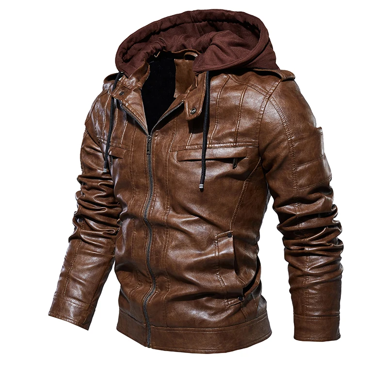 Осенне-зимняя кожаная мужская куртка, ветровка с капюшоном, Куртки из искусственной кожи, Брендовые мужские Мотоциклетные Куртки из искусственной кожи, повседневное теплое пальто