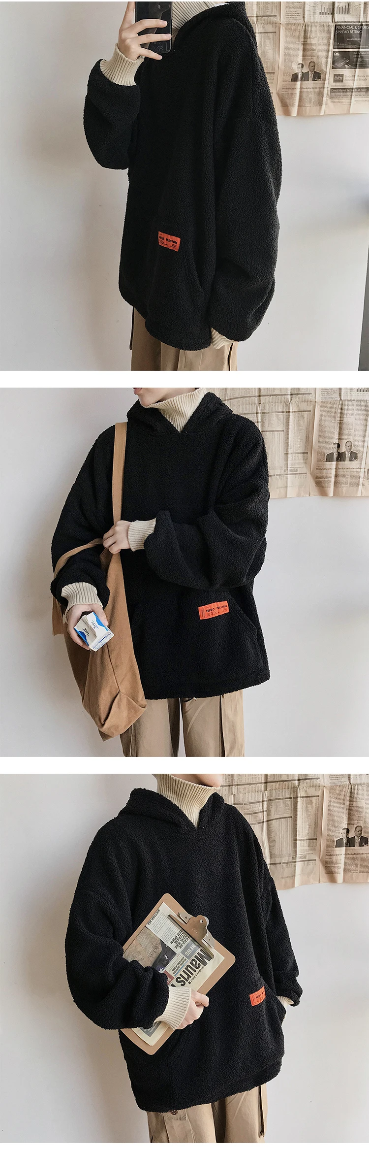 Liketkit, зимние толстовки, мужские,, свободные, флисовые, плотные, поддельные, две части, толстовки, овечья шерсть, пуловеры, мужские, однотонные, стиль Харадзюку, уличная одежда